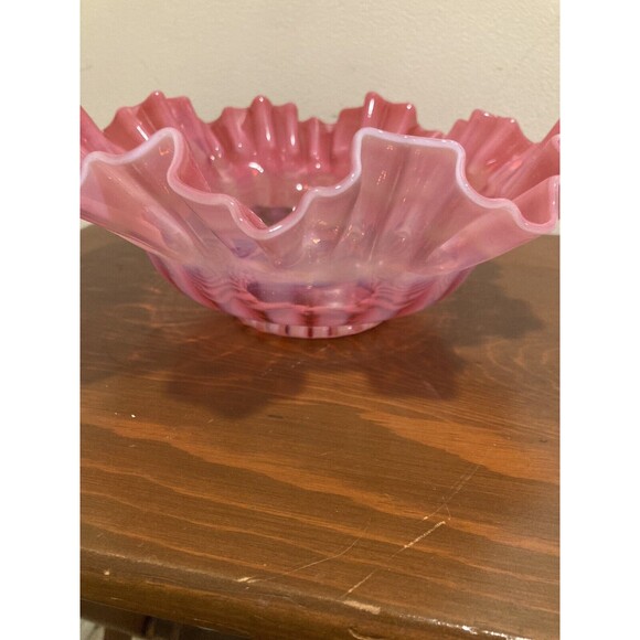 FENTON Cranberry Opalescent Striped Rose Overlay Ruffled Art Brides Bowl - Picture 6 of 16
